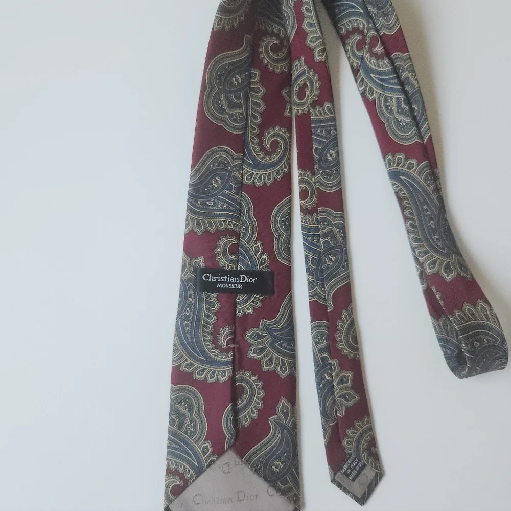 Christian Dior Monsieur 100% Silk Paisley Tie Burgundy Blue Made In Italy